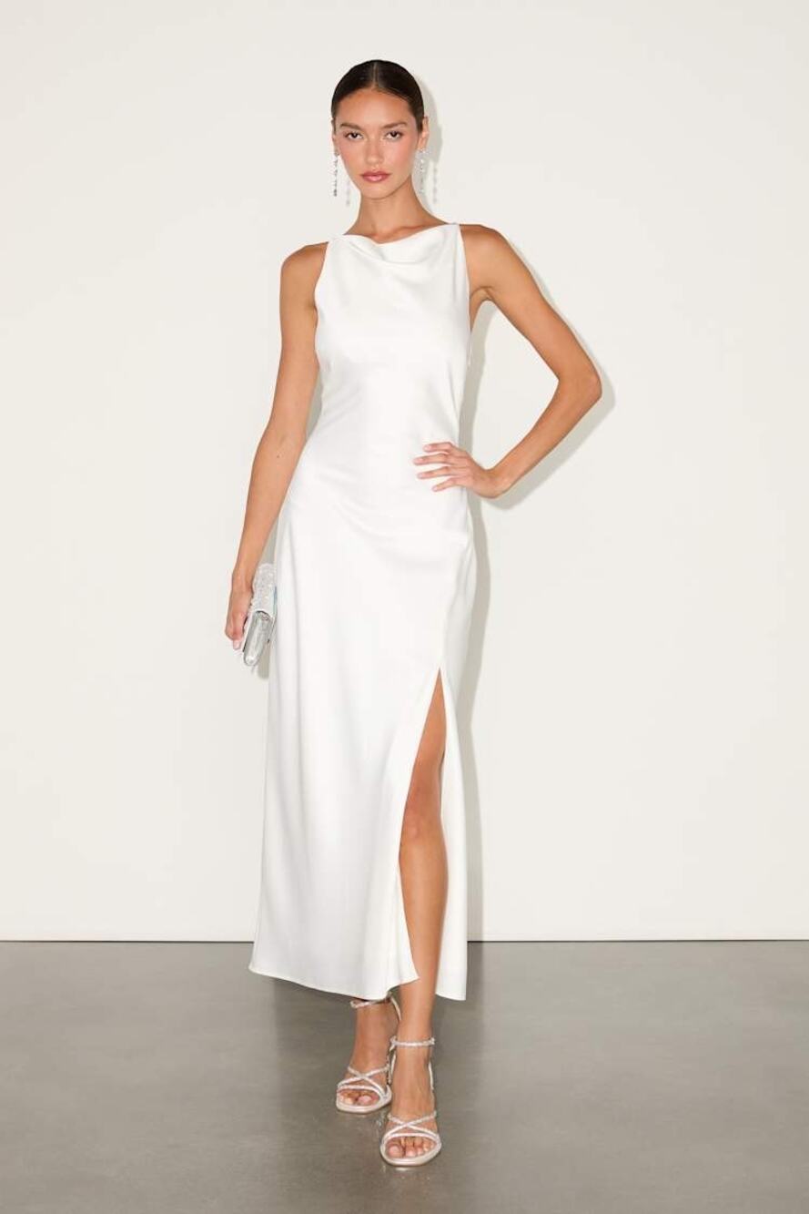 NWT Lulus Elynne White Satin Cowl Neck Midi Dress Wedding Classy Holiday Sz M